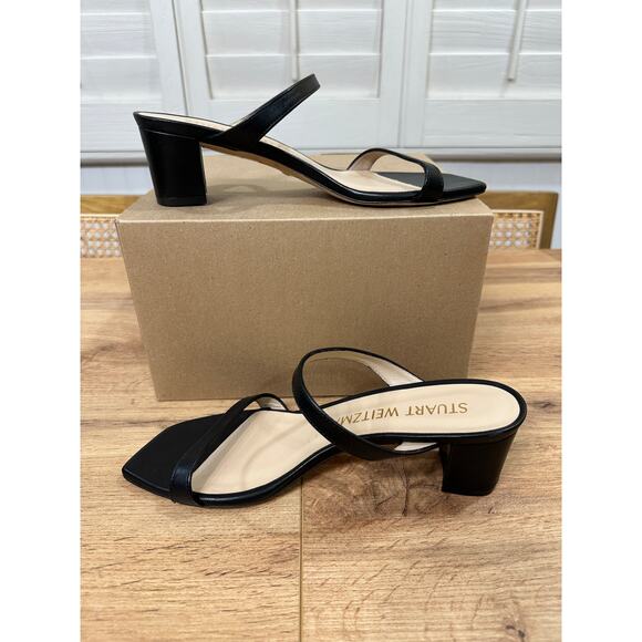Stuart Weitzman Aleena 50 Block Heel Sandals Black Leather Size 8.5 NWOB Sleek - Picture 8 of 11